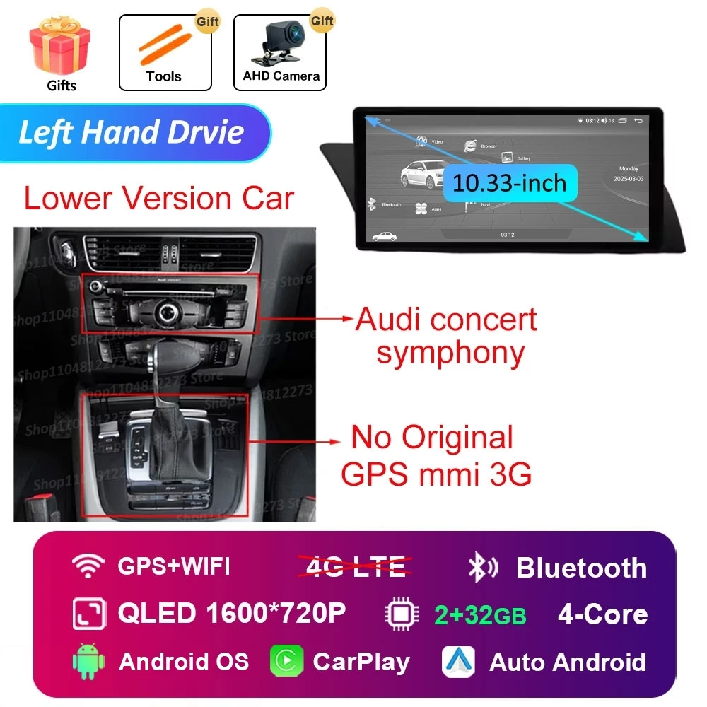 Linkerhand Drvie voor Audi A4 B8 A5 2009-2016 Autoradio Videospeler Android 16 Carplay Navigatie GPS 4G HD Touchscreen