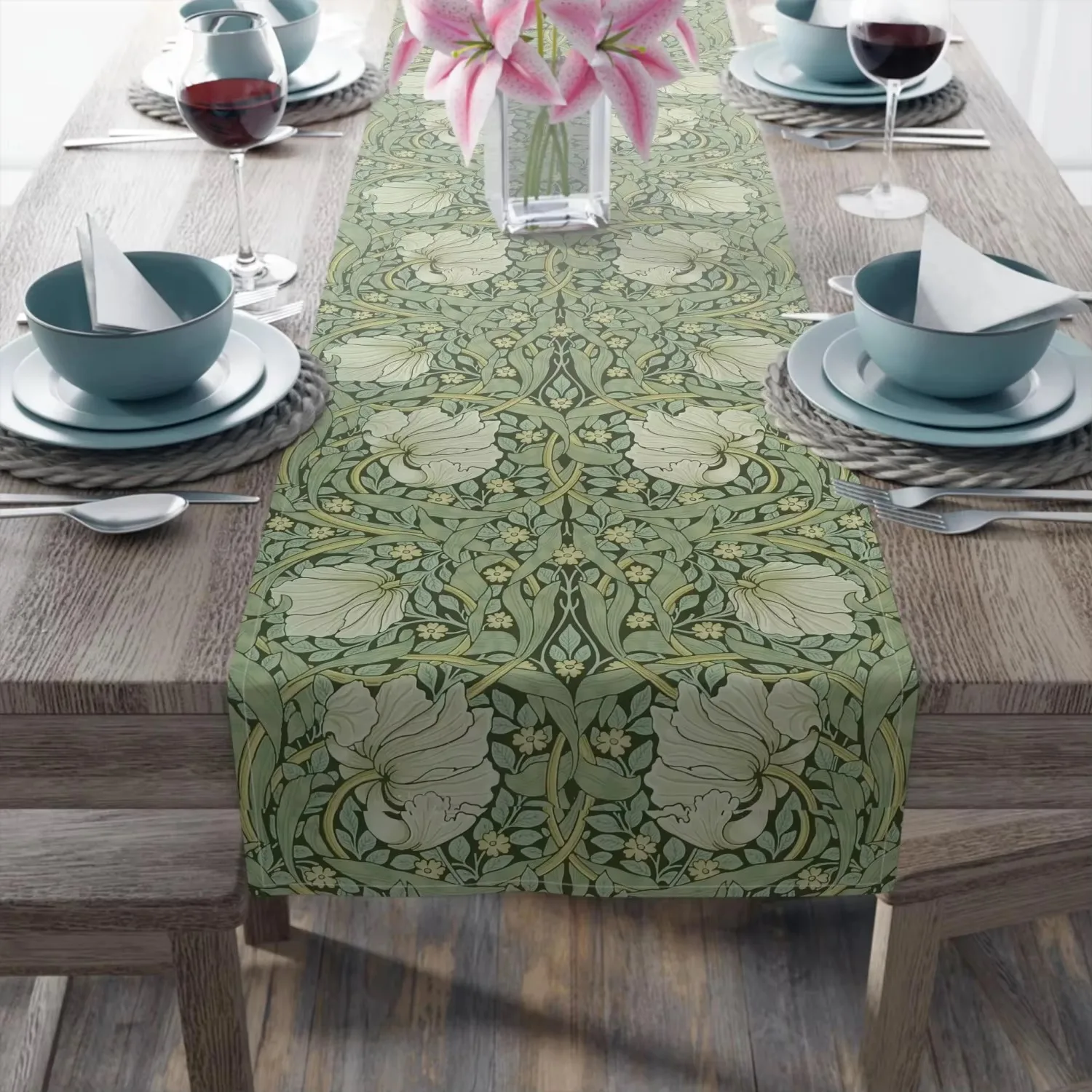 William Morris Pimpernel Green Botanical Cotton Table Runner, Victorian Table Linen for Dining Wedding Home Decor