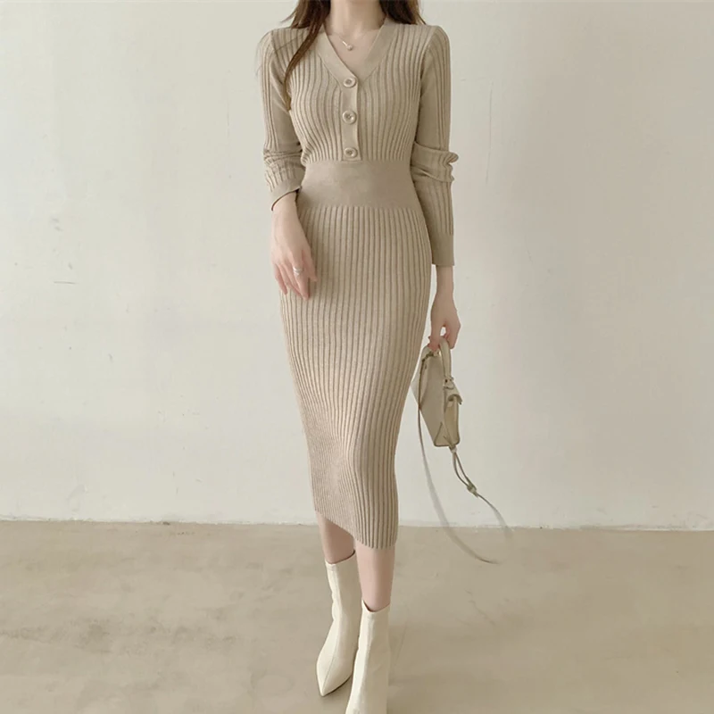 Suéter de punto Vintage para mujer, vestido Midi de manga larga, elegante, Bodycon coreano con botones y cuello en V, primavera y otoño, 2024