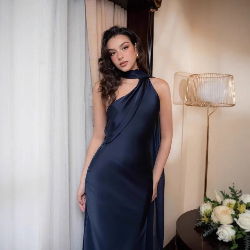 Vestido maxi de cetim elegante para mulheres, sem costas, com cadarço, slim fit, sexy, festa, noite, vestidos longos