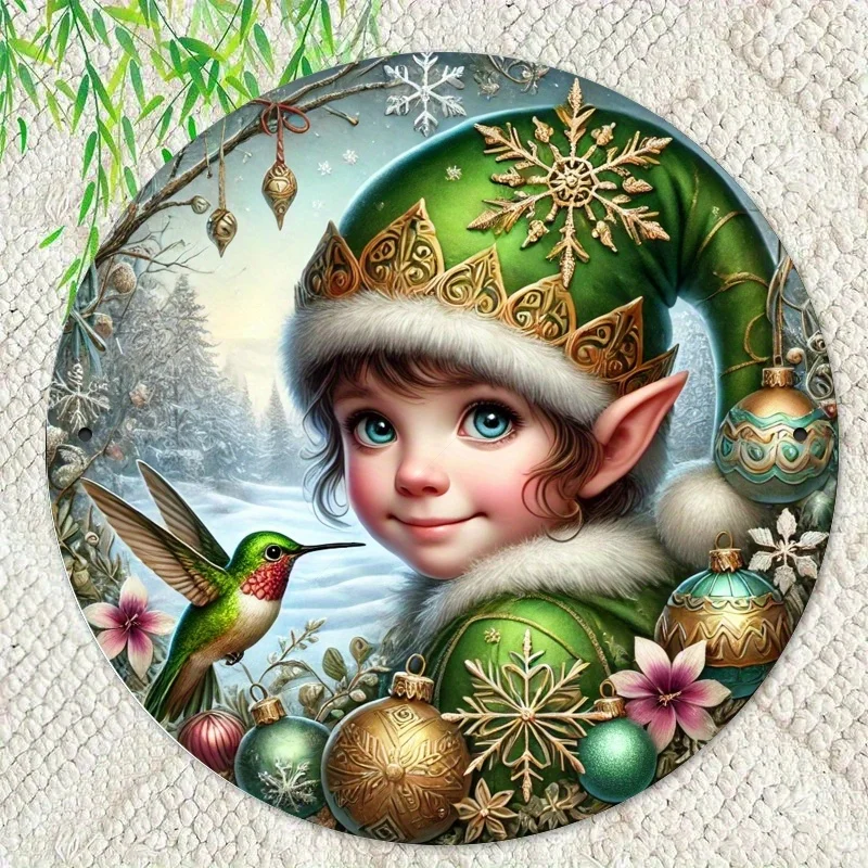 Rundes Metallschild „Weihnachtself und Kolibri“ – Wanddekoration im Vintage-Stil für Zuhause, rustikale Dekoration