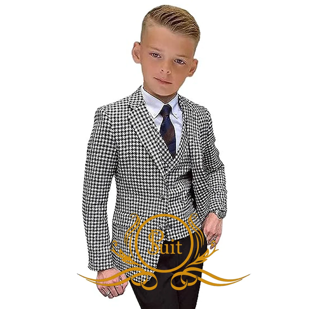 

Black White Plaid Boy's Suit 3 Pieces Jacket Pants Vest Set Tweed Blazer Wedding Tuxedo Formal Kid Suits