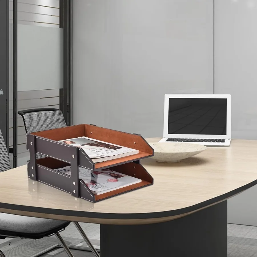 Кожаный настольный органайзер, 2 уровня, штабелируемый держатель для лотка для писем, офисный ящик для хранения настольных ящиков для документов, канцелярских товаров, журналов, новинка