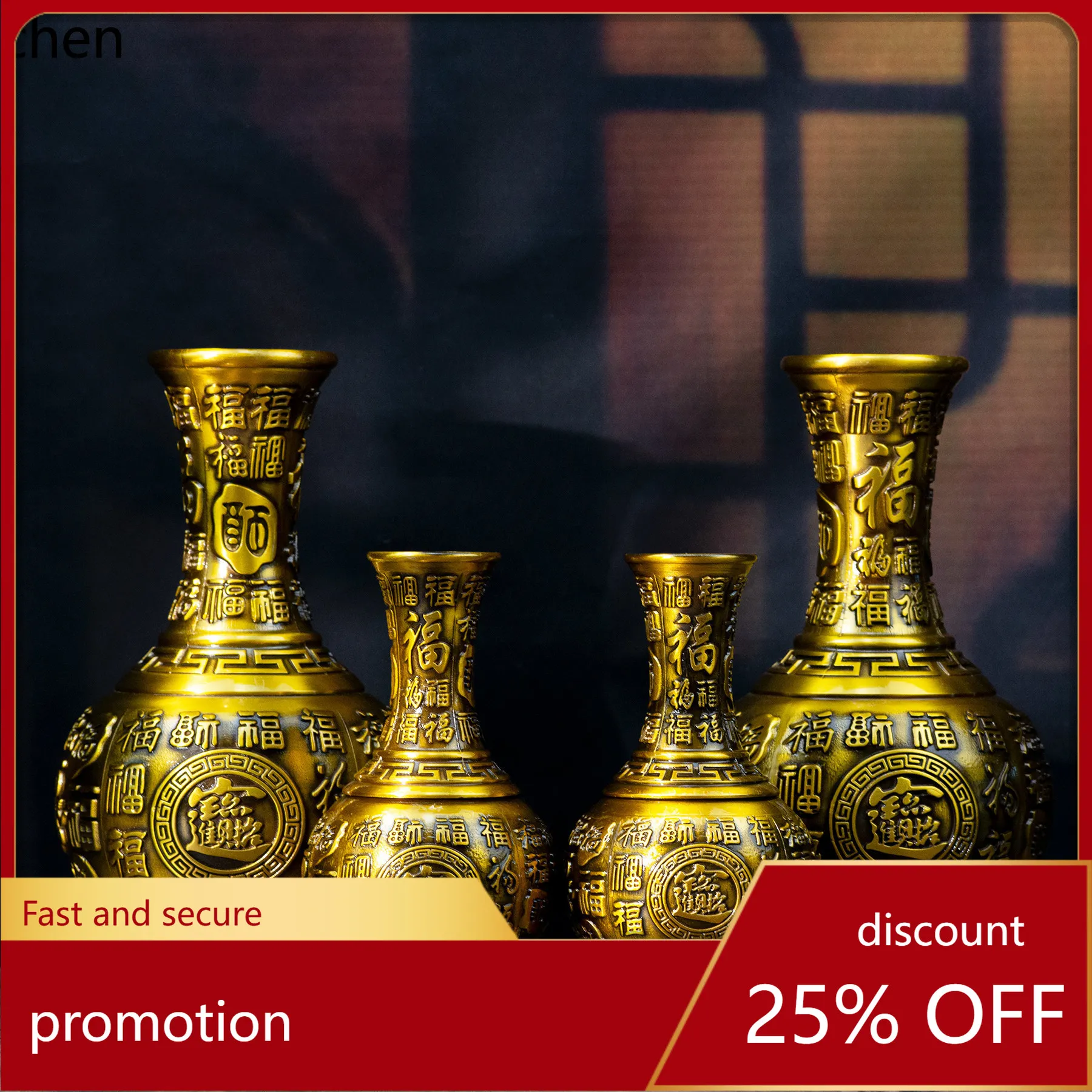 

Cz brass hundred blessings vase ornament, antique-style vase for floral arrangements, living room buddhist shrine decoration