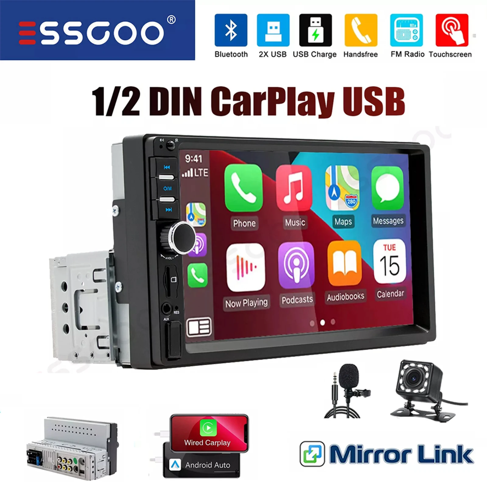 ESSGOO 7 inch 1 DIN Universele Autoradio Stereo Bedrade Apple Carplay Android Auto Bluetooth TF USB AUX HD Touchscreen Hoofdunit