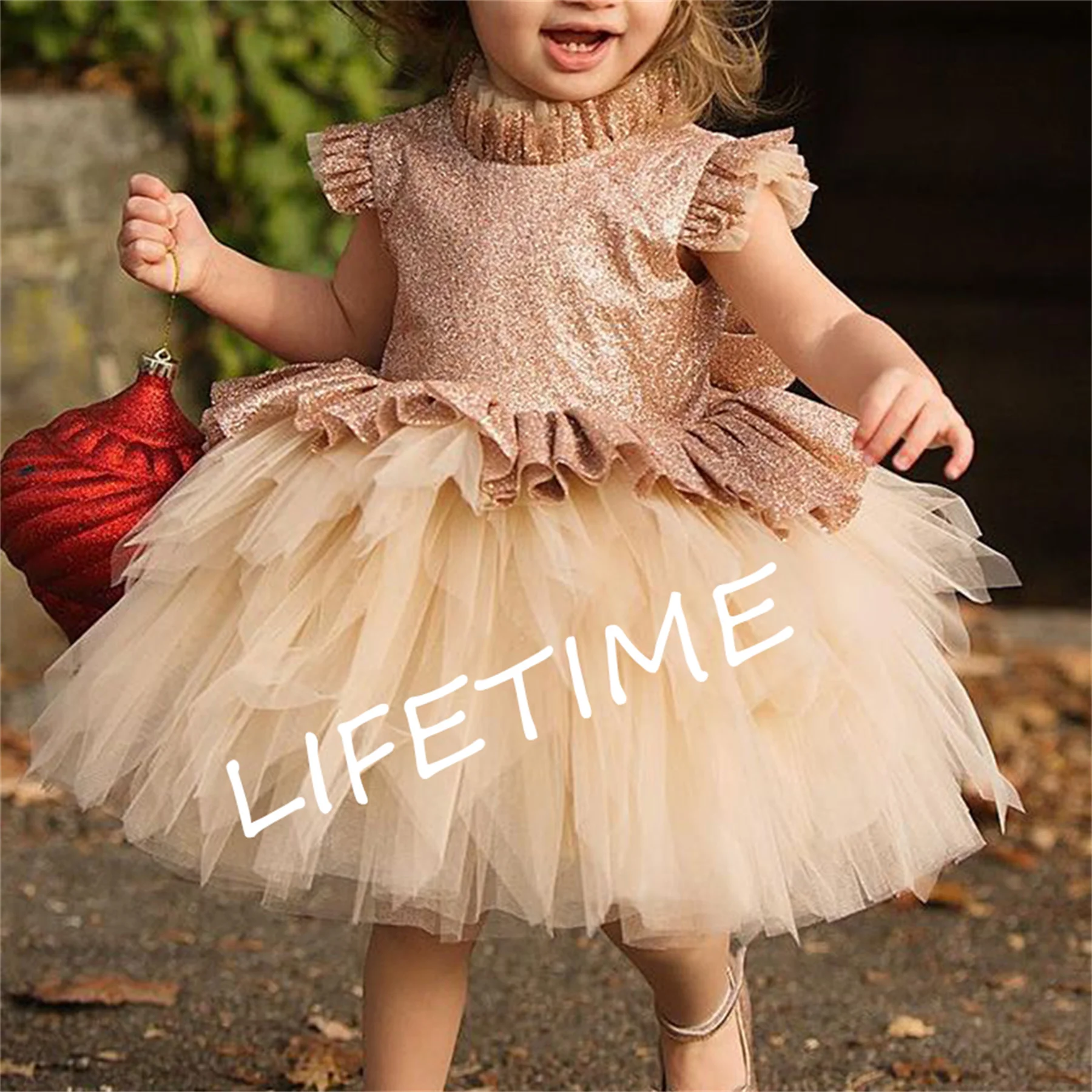 

High Neck Beach Flower Girl Dress A-Line Kids Princess Lace Luxurious Tea Length Wedding Fold Shiny Tulle Tutu Prom Dresses