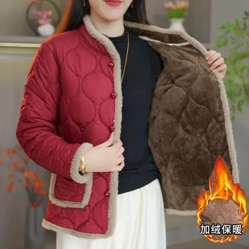 

Женское хлопковое пальто среднего возраста для пожилых людей, осень-зима, плотное бархатное однотонное теплое хлопковое пальто, новое женское пальто