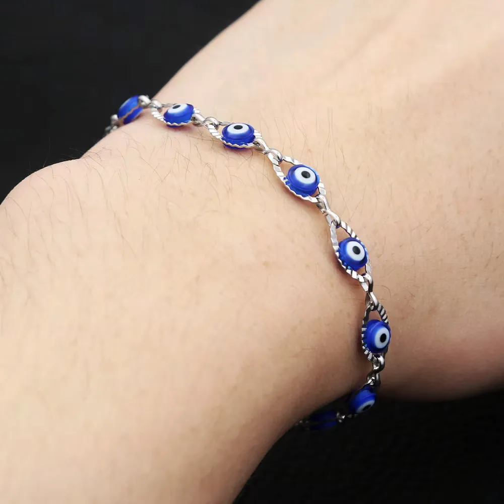 Blue Evil Eye Chain Bracelet Stainless Steel Turkish Lucky Evil Eye Protective Wrist Accessory Unisex Lucky Holiday Jewelry Gift