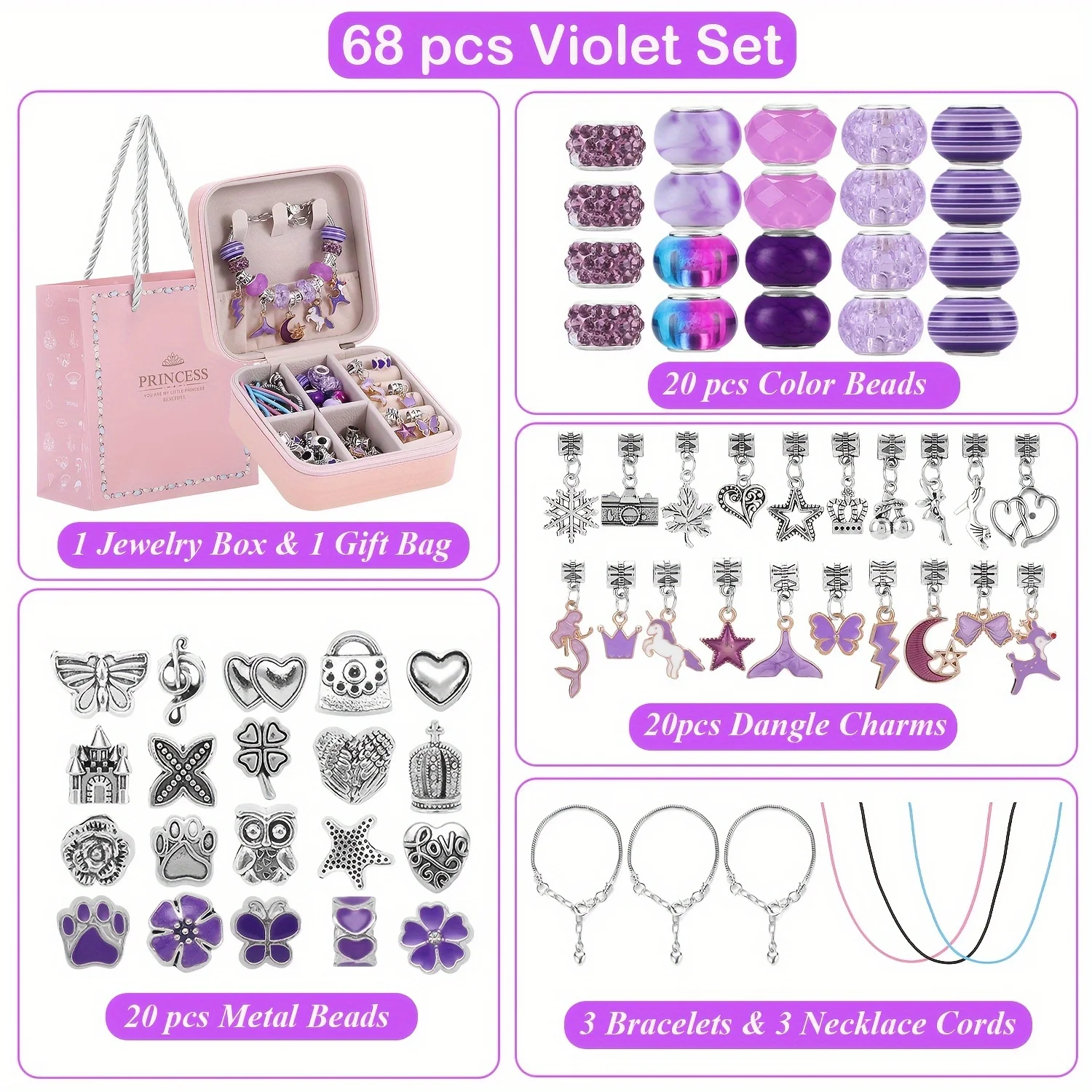 68pcs purple bead charm hand-made handmade bracelet necklace, mermaid and unicorn series charm gift set for handmade gift