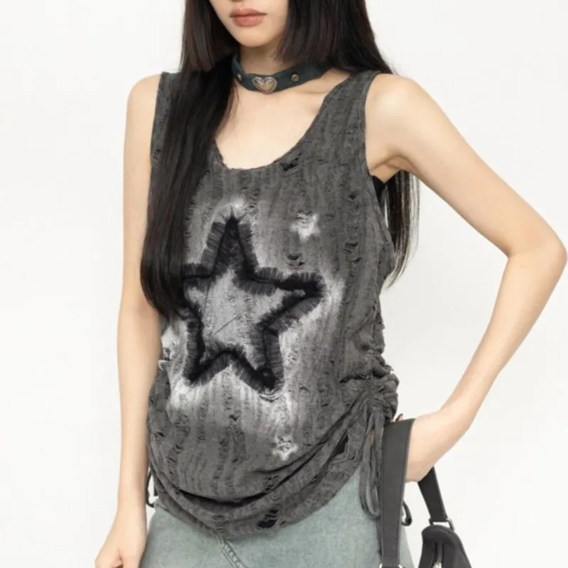 Waste Soil Style XINGX Distressed Drawstring Vest Top for Women