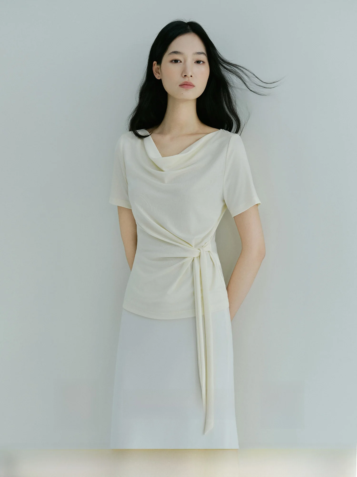 

TEASEL Women's Casual Style T-shirt Ruched Waist Short Sleeve Gathered Neckline Viscose Rayon Blend Comfortable Fit Tee
