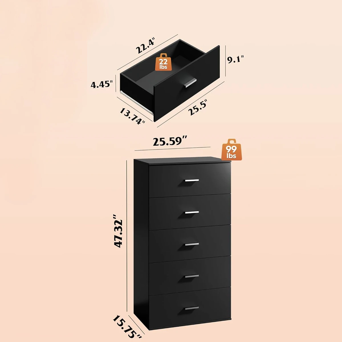 Modern European Handmade Black 5-Drawer Tall Dresser with Storage for Kids' Bedroompromote sales