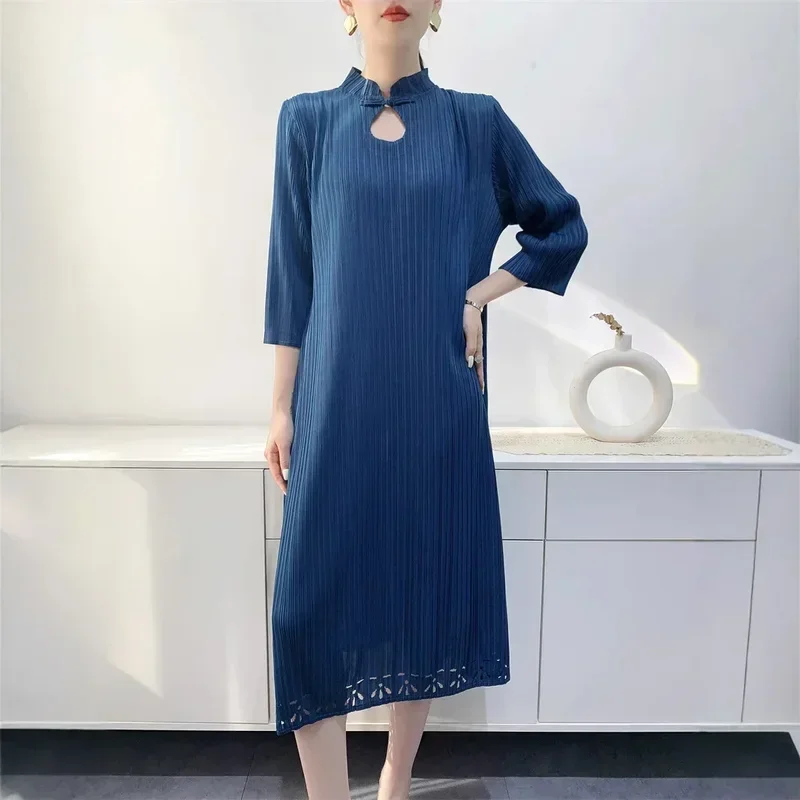 Miyake Pleated Women's Dresses High Quality Pleated High Neck Solid Color Seven Sleeve Design Skirt Mid-Length 2024 Autumn New