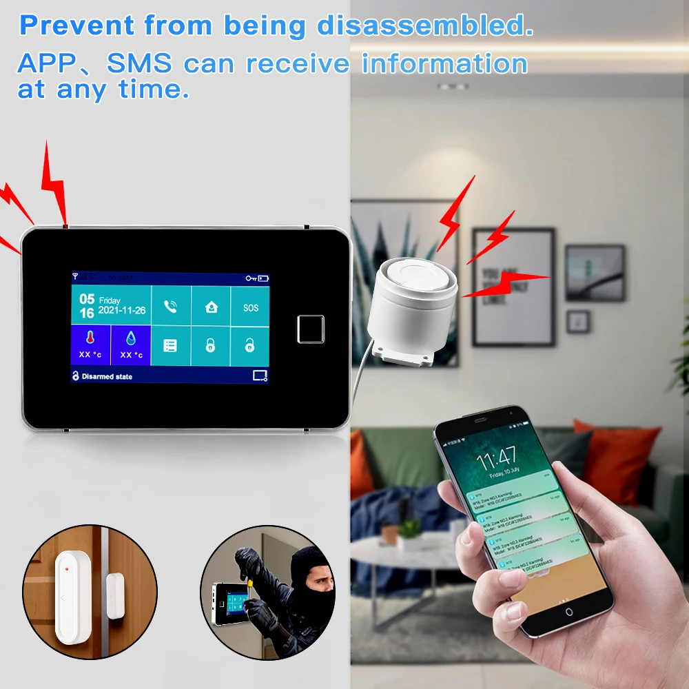 Camaroca-sistema de alarma inteligente para el hogar, Sensor inalámbrico de seguridad GSM con pantalla táctil, Kit de alarma con huella dactilar,