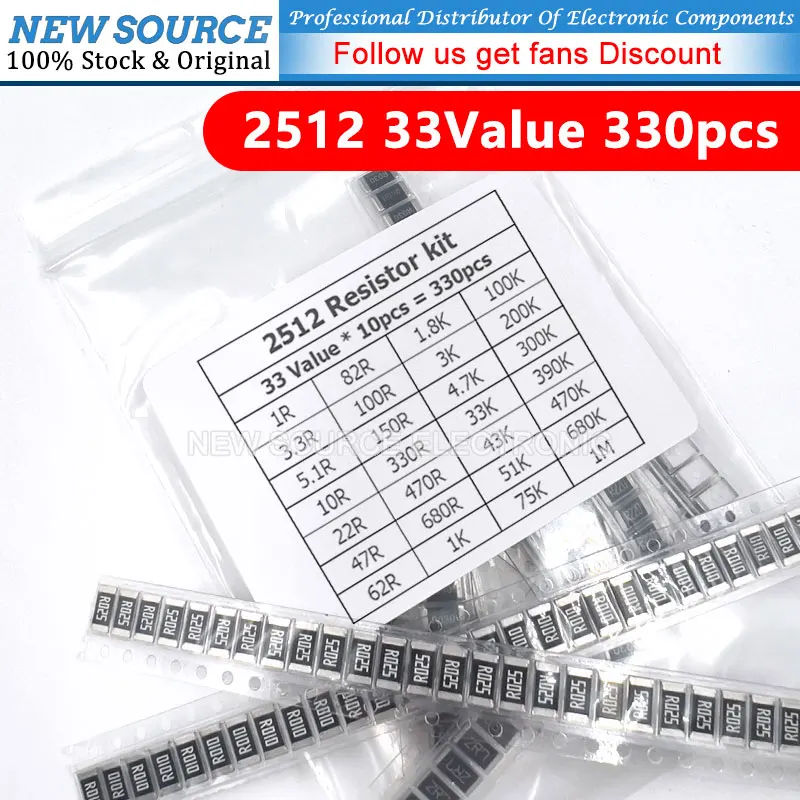 330Pcs=33ValuesX 10Pcs 2512 SMD Resistor Kit Assorted Kit 1R-1M Ohm 5% DIY Kit 1R0 3R3 5R1 100 220 470 620 820 101 151 331 471