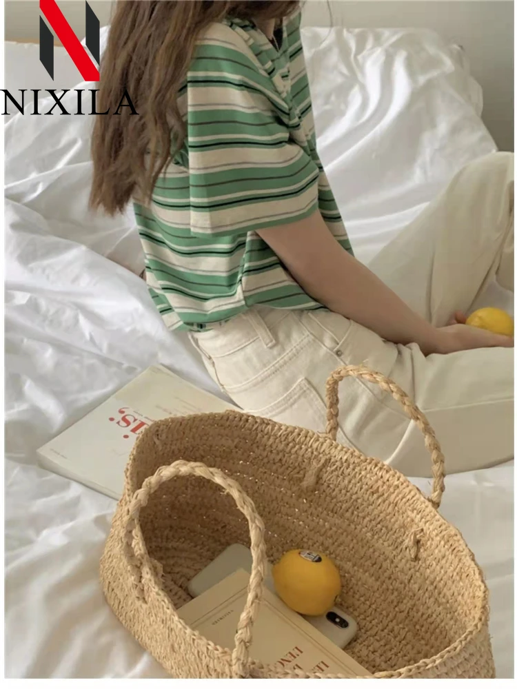 New Summer Knit Striped O Neck Women's T-shirt Korean Fashion Loose Oversized T Shirt Short Sleeve Tops Elegant Female Clothing
