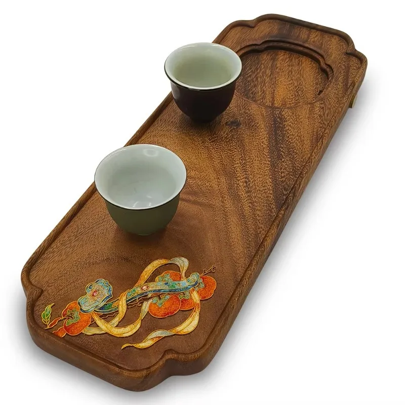 STLF Cloisonne Enamel Walnut Wood Tea Tray, Rectangular Vintage Style Handmade  Tray