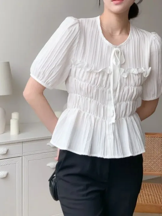 

Dongda Gate Fashionable Comfortable Women's Shirt Texture Pattern Belted Bubble Sleeve Sweet Pleated Waist Cinched Shirt
