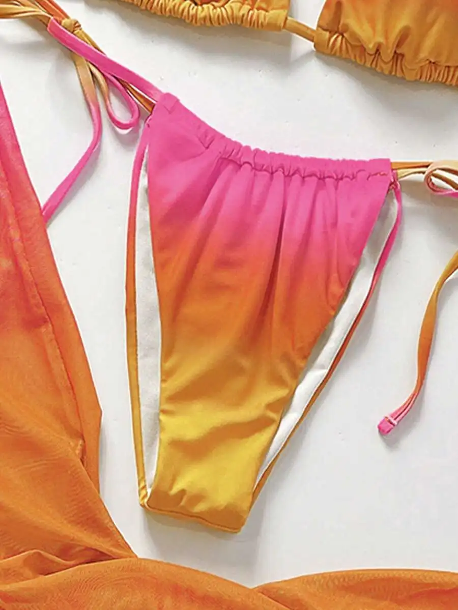 

3pcs Women Sexy Ombre Halter Bikini Set With Mesh Skirt For Beach Holiday Festival