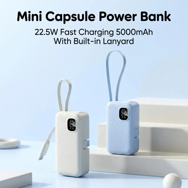 5000mAh Pocket Size Capsule Power Bank 22.5W Fast Charging Built-In Invisible Support