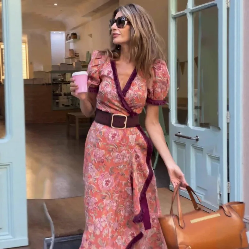 Elegant Women Bohemian Vacation Dress with Tassel Y2K Vintage Celebrity Short Puff Sleeve V Neck Slit Ruffle Festival Long Dress