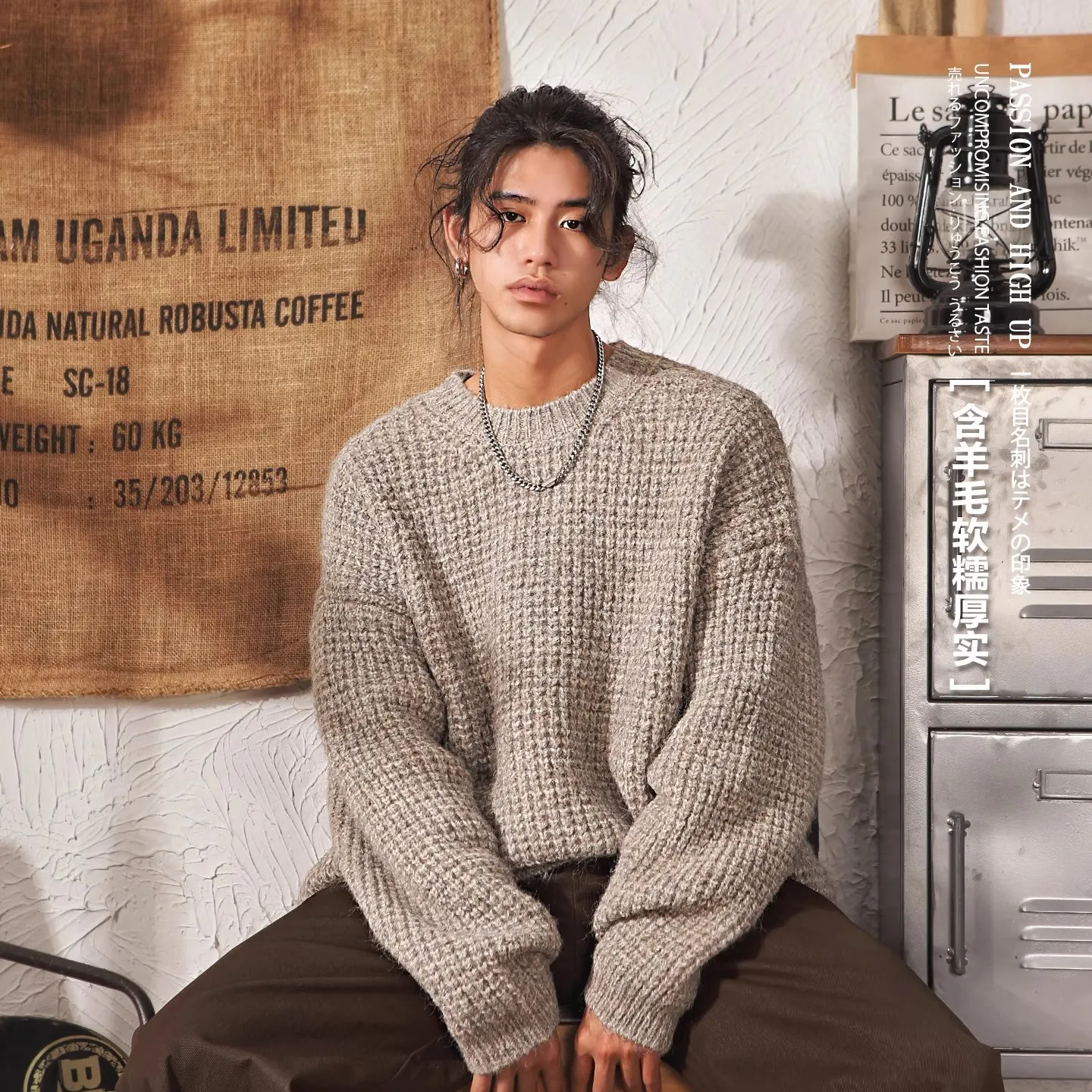 Vintage Cleanfit Crew Neck Sweater Men's 2026 Spring Lazy Wind Pineapple Pattern Thick Knitted Sweater Top