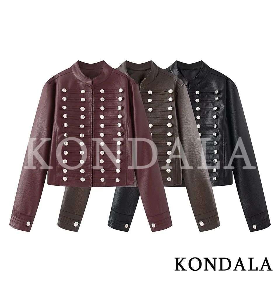 KONDALA Women Trendy PU Leather Jacket Vintage Cool Girls Buttons Trim O-Neck Jacket 2026 Fall Trendy Street Style Casual Jacket