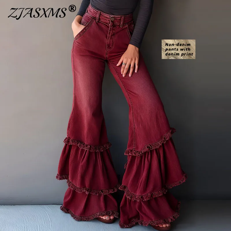 

Новые женские брюки-клеш в стиле вестерн-бохо с высокой талией, без денима, с многоярусными оборками и бахромой, для весеннего праздничного уличного стиля