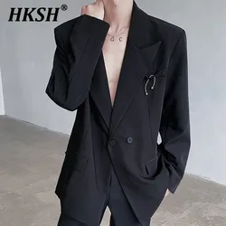 HKSH Autumn Spring New High-end Shoulder Padded Blazer Dark Japanese Chic Jacket Men's Tide Loose Casual Techwear Coats HK2505