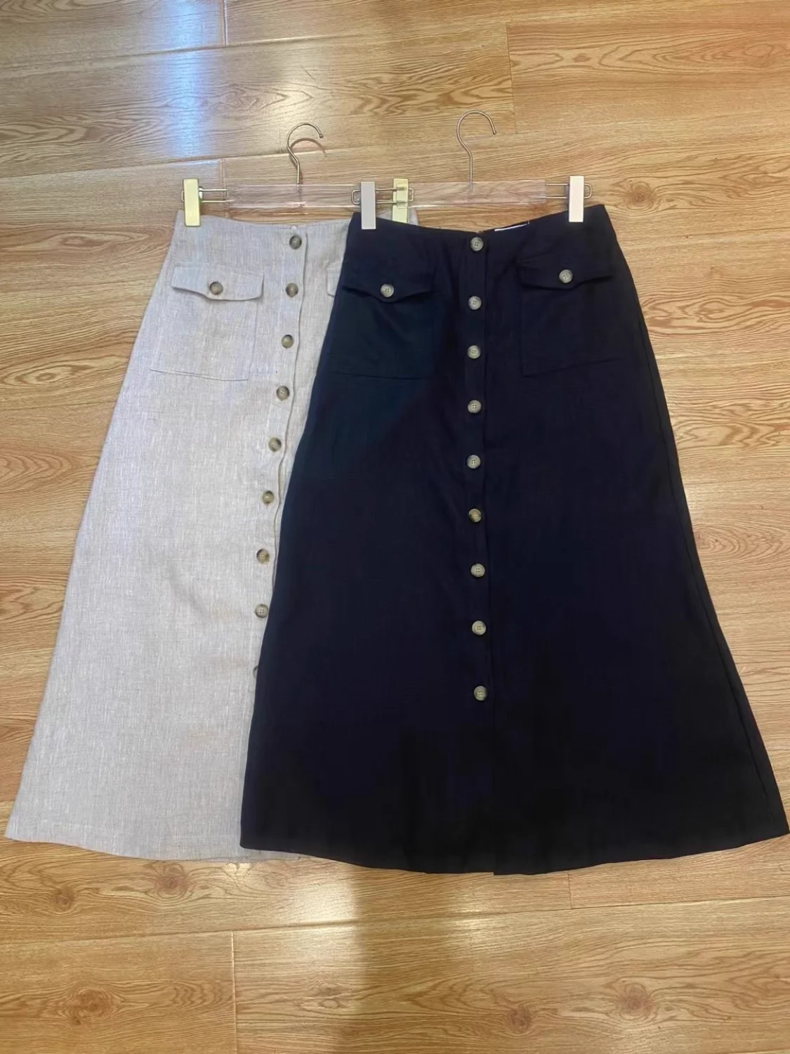 

100% Linen Female Casual Midi Skirt 2-Colors Single Breasted High Waist Straight Fashion Ladies Jupe