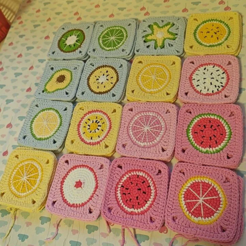 Handmade Crochet DIY Pillow Blanket Clothing Pocket Piece Coaster Bag, Colorful Fruits Tablecloth, 9cm, 16Pcs