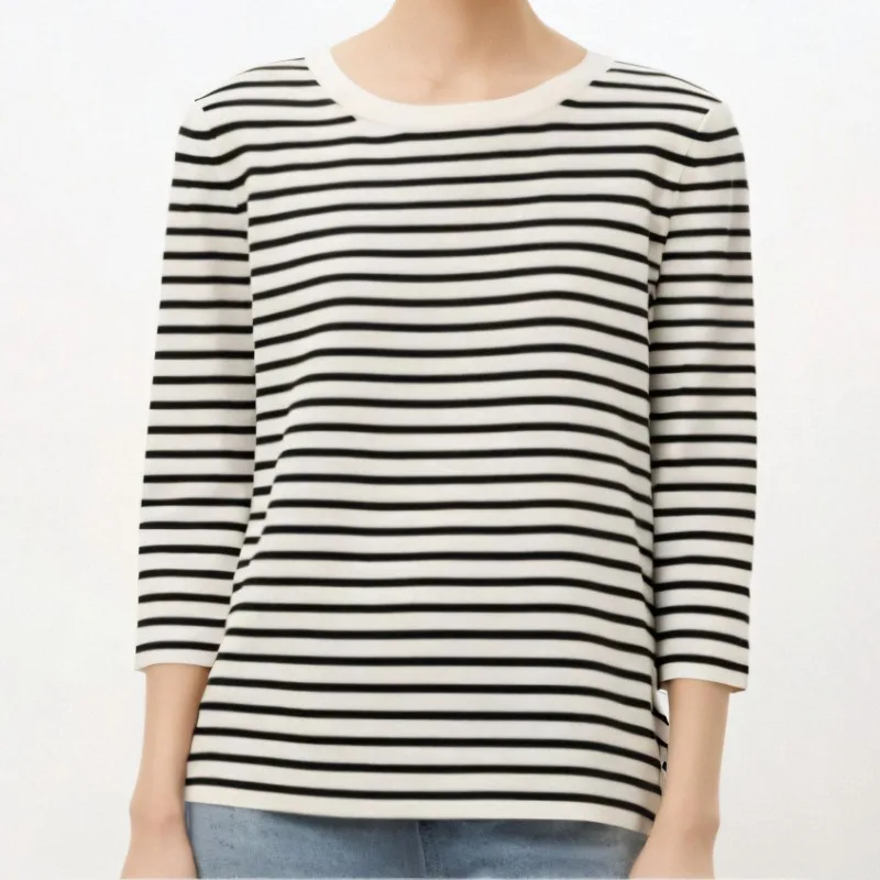 2024 Summer New Striped Mulberry Silk Knit Tee Loose Pullover Top Women