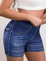 Women's Sports High Waist Shorts Blue Hip Lifting Jean Legging Elasticity Comfortable Leggings Imitation Denim