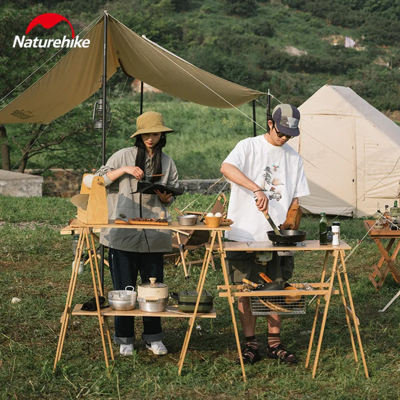 Naturehike Camping Kitchen Rack Folding Cooking Wooden Table Widen Desktop With Notch Glamping Picnic Cookware Storage Shelf