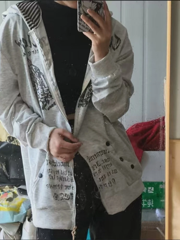 

Vintage Printed Hoodies Women Harajuku Y2k Aesthetic Loose Zipper Hooded Coats 2025 Autumn Street Gothic Sweatshirt Ins