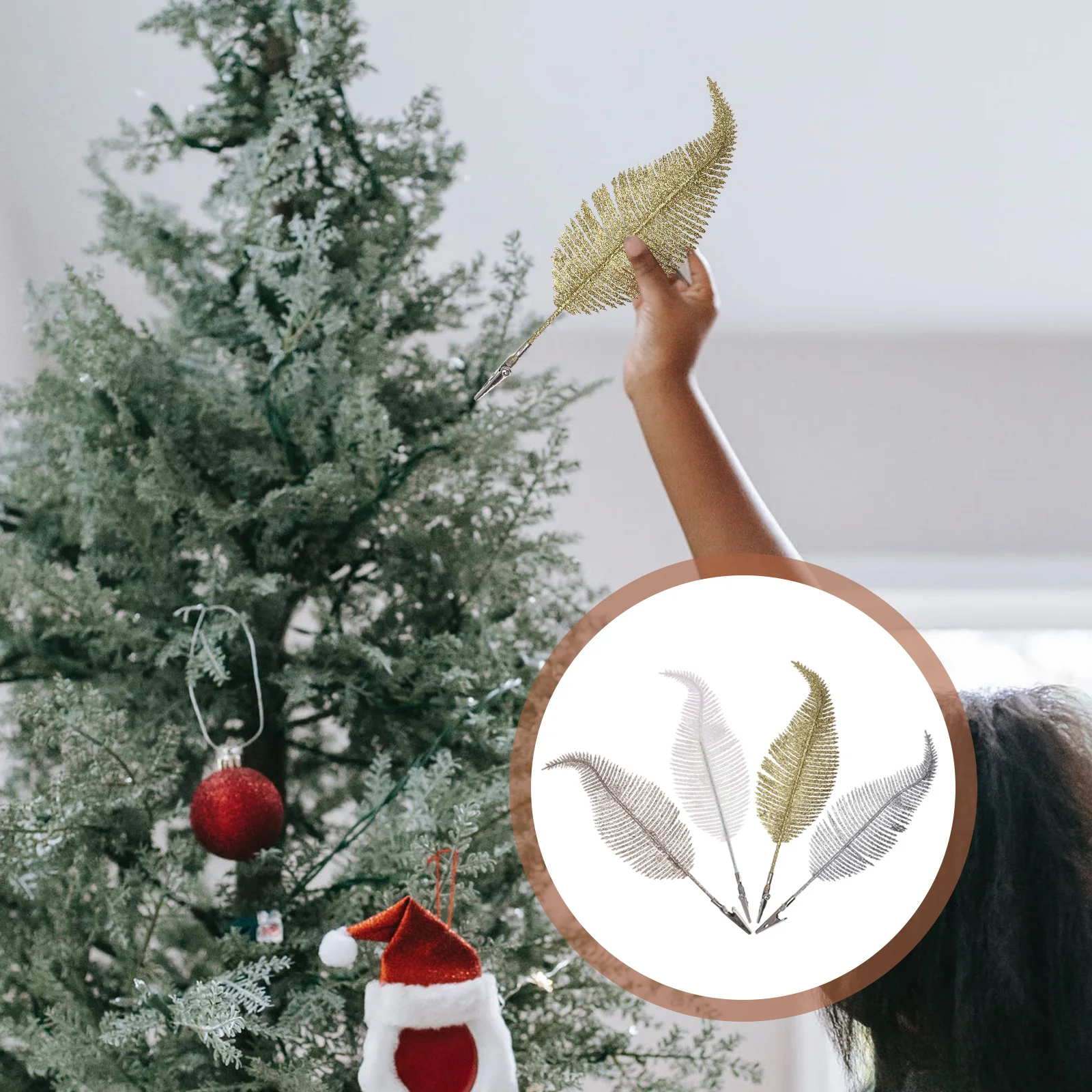 

4Pcs Simulated Tree Leaves with Glitter Finish for Christmas Decorations DIY Wreath Hotel Bar Festival Decoration