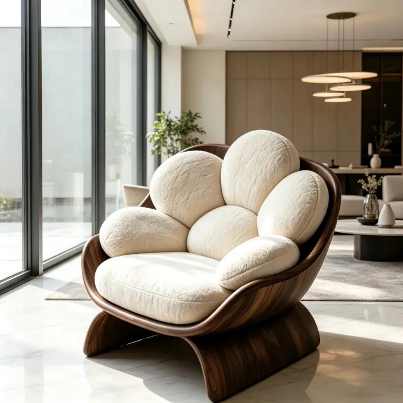 Petal-shaped padded leisure chair, curved solid wood frame, cream color, fabric interior, environmentally friendly material