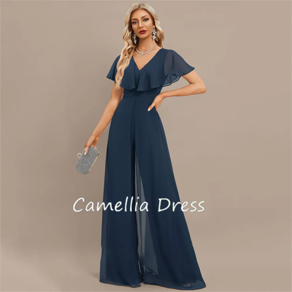 

Simple Jumpsuit Evening Dresses V-Neck Vintage Prom Dresses Floor-Length Chiffon Formal Dresses Vestidos De Fiesta فساتين السهرة