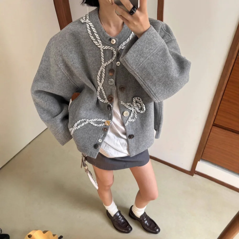 2026 Art Rope Round Neck Jacket Unisex Single Row Multi Button Coat jacket women
