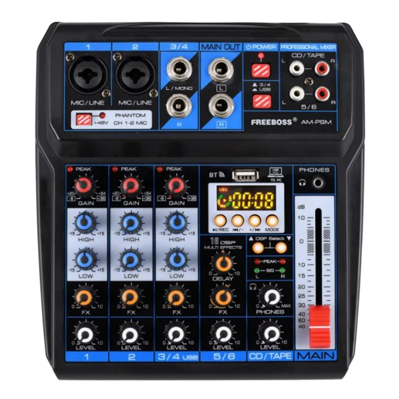 

Sound Card Audio Mixer Sound Board Console Desk System Interface 6 Channel Usb Bluetooth 48V Power Stereo Us Plug