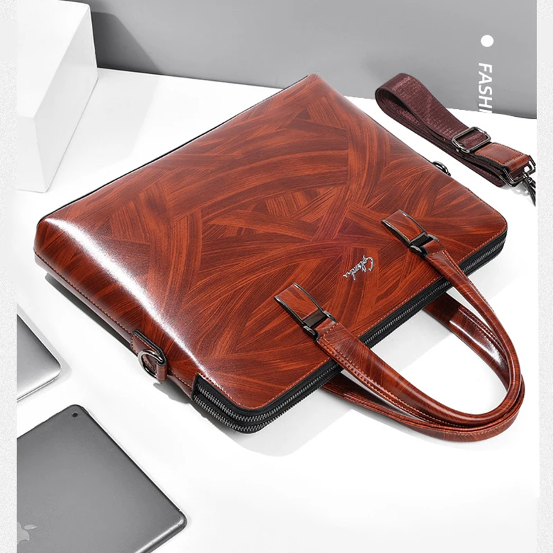 Men\'S Luxury Briefcase PU Leather Wood Texture Handbag Executive Document Office Shoulder Portfolio Business Crossbody Side Bag