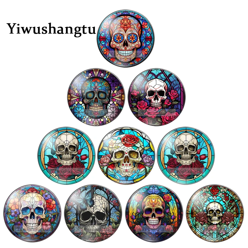 

Colorful Bright Skull flower Art Paintings 10mm/12mm/20mm/25mm Round photo glass cabochon demo flat back Making findings