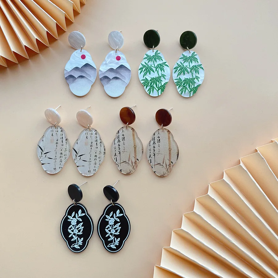 Guofeng الأقراط النمط الصيني الجديد الخيزران الحبر اللوحة قلادة الأقراط مزاجه Guochao الأقراط النمط الصيني كله