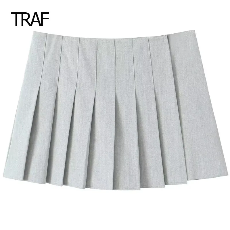 

TRAF Mini Pleated Skirt Pant Women's Pants Spring Summer Grey Mid Waist Skirt Pant Korean Style Shorts Elegant Casual Skirt Pant