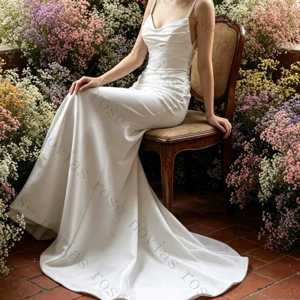 Customized V Neck Pearl Strap Satin Mermaid Wedding Dress Ruched Bodice Slim Fit Simple Chapel Train Minimalist Bridal Gown