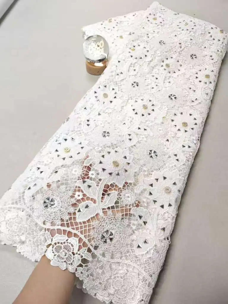 

2026 High-Quality Africa Nigerian Sequins Cotton Embroidery Lace Fabric Tulle for Wedding Party Dress Chiffon 5Yards XL193