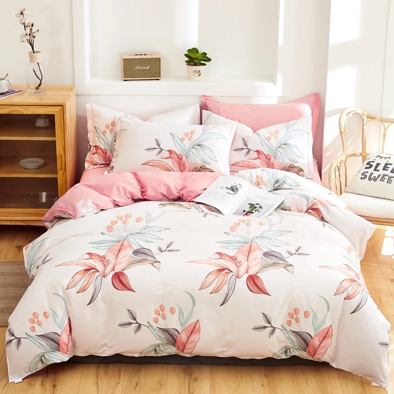 핑크 꽃 코튼 이불 커버 세트, 퀸 사이즈 나뭇잎 꽃 이불 커버 세트, 어린이 침구, 미적 이불 커버, 3 개