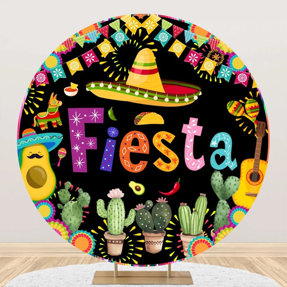 Mexico Fiesta Round Backdrop Cover Flower Cactus Straw Hat Colorful Decoration Cinco De Mayo Festival Birthday Circle Background