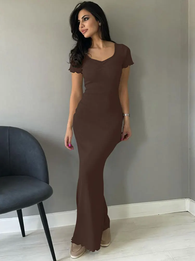 Gacvga 2024 Geribbelde Vierkante Kraag Korte Mouw Ruches Zomer Sexy Bodycon Maxi Jurk Damesmode Streetwear Lange Jurken