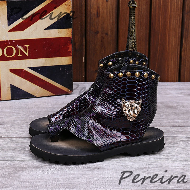 

British Clip Toe Thick Soled Men's Sandals Rivets Snake Patterned Genuine Leather Side Zipper Casual Shoes Summer New Male Shoes